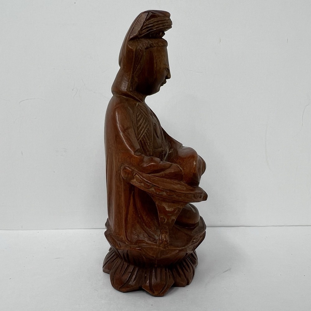 Hand Carved Wood Guanyin Bodhisattva Statuette Asian Royal Ease Pose Figure 4.8" - Picture 14 of 16